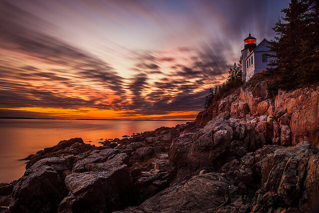 Sunset at Bass Harbor Head Light in Acadia National Park by Tom Bricker is licensed by CC BY-NC-ND 2.0.