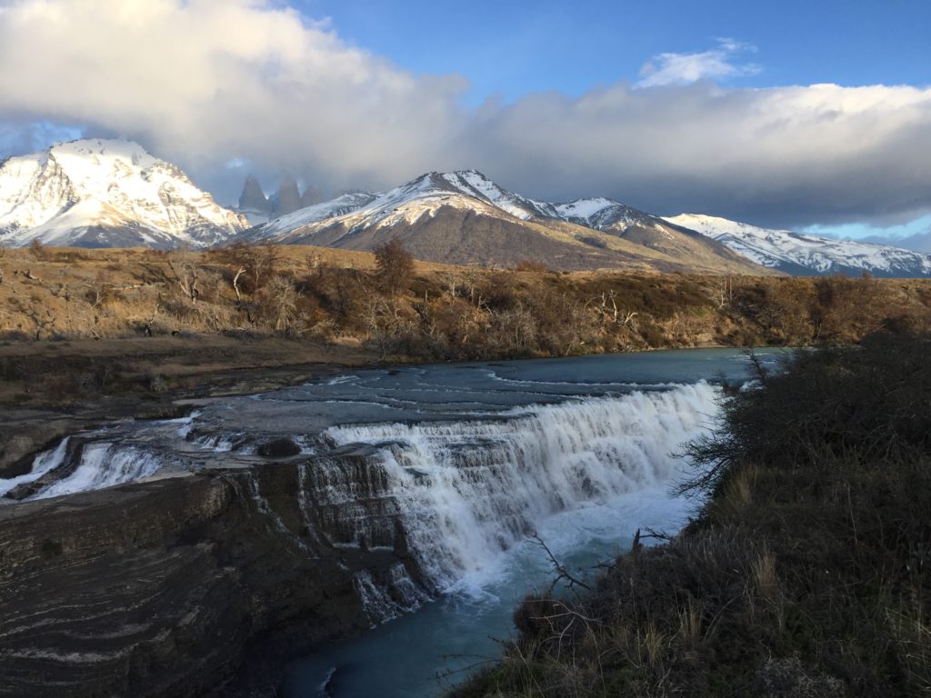 white peaks and streamfall in Patagonia